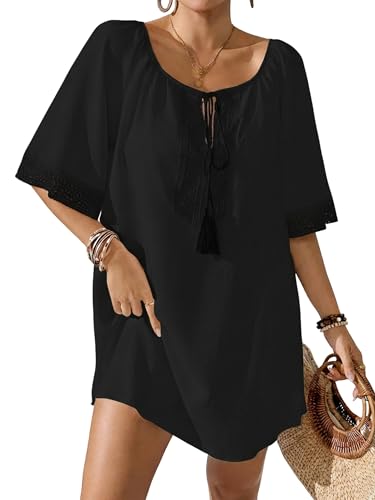 NONDK Vestido de Encaje con Cuello en V para Mujer Negro L