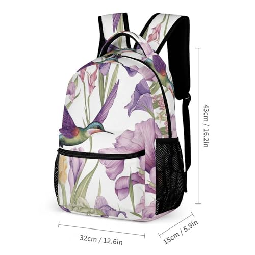 Hummingbirds Irises Flowers Backpack for Men Women, Durable Small Backpack Casual Lightweight Daypack for Travel Bag2