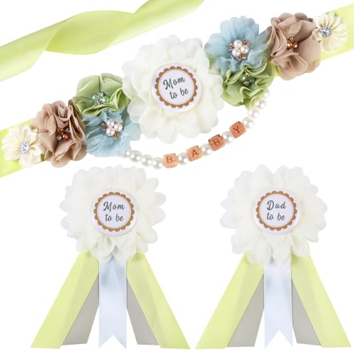 Image of Pea Green Gender Reveal Maternity Sash Kit, Sage Green Baby Shower Belly Belt and Mom to Be Dad to Be Corsage Pins, New Parent Pregnancy Announcement Photo Props Party Supplies