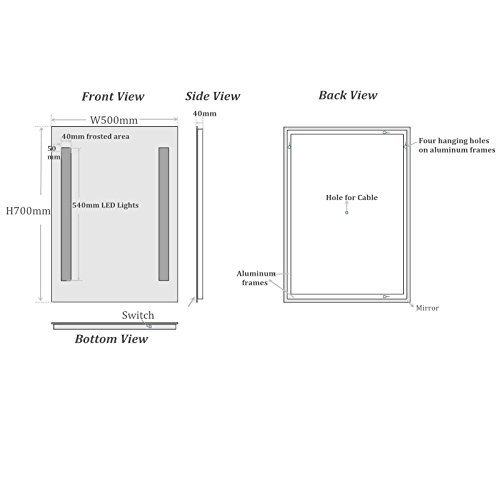 ENKI BM001 LED Bathroom Wall Mounted Mirror Make Up 500 x 700 mm with LED Lights Vanity Illuminated Backlit Mains Powered Modern