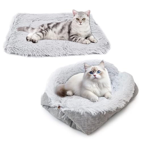 BSITSSS Lit pour Chat Chien 61 x 51cm, 2 en 1 Couverture Chat, Confortable Pliable Gris Coussin Panier Chaton Cat Bed pour Chatons Chiots Petits Animaux Interieur Extérieu