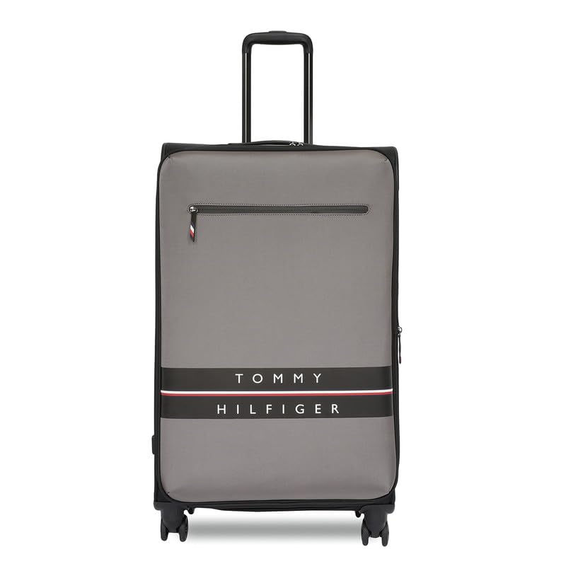Tommy Hilfiger Lewiston Unisex Polyester Softshell Luggage – Steel Grey+Black, 83.5 cm Large with 8 Wheels Inline Trolley Bag