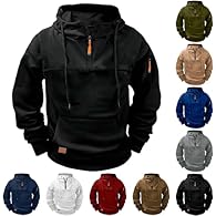 【Men's Retro Tactical Hoodie】Made of high-quality cotton blend material, with fleece lining, soft, warm and skin-friendly, solid color design, long sleeves, elastic cuffs, warm pockets, 1/4 zip hood design, fashionable outerwear, men's pullover hoodi...
