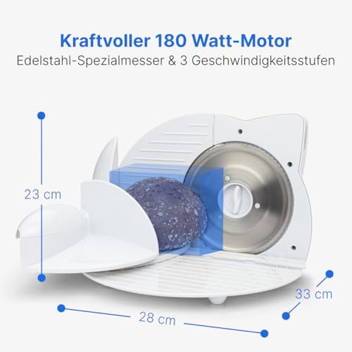 Foto von Clatronic® Allesschneider | 3 Stufen | Brotschneidemaschine mit Edelstahl Spezialmesser | stufenlos einstellbare Schnittstärke | 180 Watt | Fingerschutz | für Obst, Brot, Käse uvm. | AS 2958 weiß