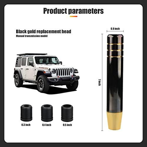 Jawmoy 1 Pc Polished Aluminum Car Gear Stick Lever Shift Knob, 7" Car Gear Long Handle Weighted Shifter Knob With 3 Threaded Adapters Fit Most Automatic Manual Vehicle (Black Gold) #TOP1