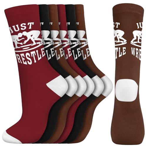 Suhine 6 Pairs Wrestling Socks Athletic Mid Calf Woven Wrestle Socks Wrestling Gifts for Adult Men Women Wrestler Team Gifts (Red Brown Black)