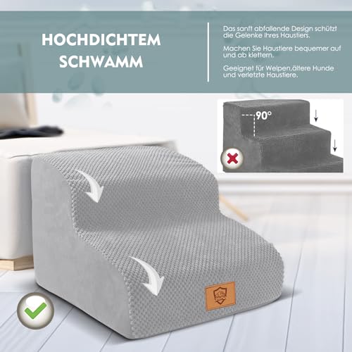 Myiosus Hundetreppe 2 Stufen, Tragbar Haustiertreppe aus Hochdichtem Schwamm für Kleine Hunde, wasserdichte Hunderampe mit Abnehmbare Stoffbezug, rutschfeste Hunde Treppe für Sofa Bett, Grau