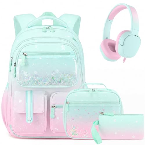 ACESAK 4PCS Mermaid Girls Backpack with Lunch Bag & Headphones,Green Pink