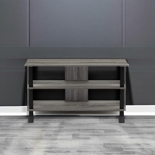 Image of Furinno Sully 3-Tier Stand for TV up to 40, French Oak Grey /Black | Rectangular Entertainment Center with Open Shelf, TV Console, Open Frame for Cable Management, for Living Room, Bedroom