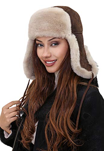 Image of Leather Aviator Shearling Ushanka Trapper Hat Russian Sheepskin Cap Real Fur Winter Hat with Ear Flaps for Men Women