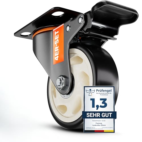 PEARWAY Schwerlastrollen 100mm - bis 600kg mit 4x Bremse - extra leise & langlebig - Möbelrollen mit Bremse - Rollen für Möbel & Schwerlast - Lenkrollen für Möbel & Outdoor - Laufrollen - Bockrollen