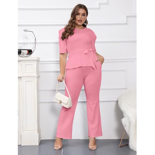 ThusFar Plus Size 2 Piece Outfits for Women Blazer Top Long Sleeve Long Pants Sets Casual Elegant Business Suit with Belt3