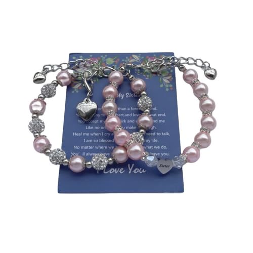 Image of DOLON 2 Pcs Imitation Pink Pearls Crystal Beads Heart Charm Bracelets Gift for Granddaughter,Sister,Daughter with Graduation Birthday Christmas First Day Wish Card