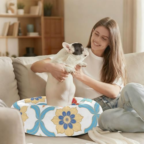 Lit pour chat bleu et jaune taille M - Coussin fleuri lavable pour petit animal