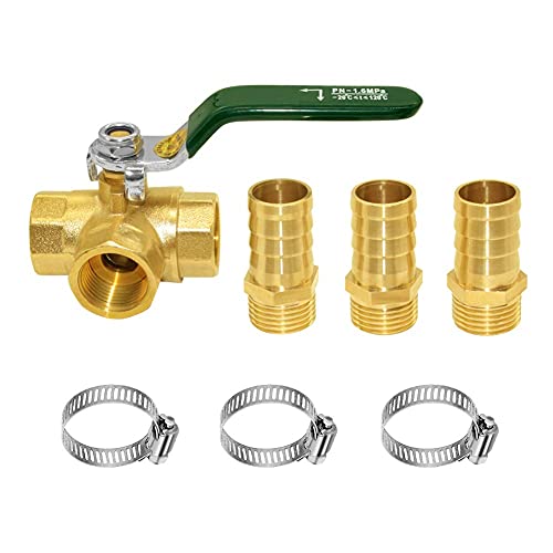 Joywayus L-Port Shut Off 1/4"G Thread Ball Valve with 3/8" Hose Barb 3-Way T-Shaped Brass Fitting One Switch by Joywayus - Used condition - US$16.12