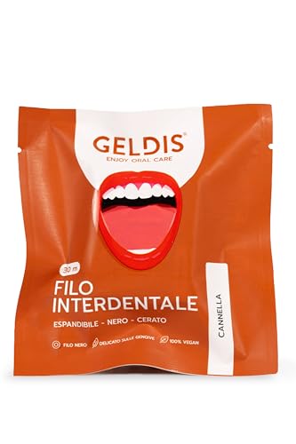 GELDIS Filo Interdentale Espandibile Nero, Gusto Cannella, Rimuove Placca in Profondità, Con Cera Vegetale, Per Gengive Sensibili, 30m Senza Plastica
