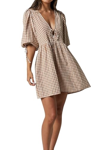 Women's Gingham Puff Sleeve Tie Front Babydoll Mini Dress3