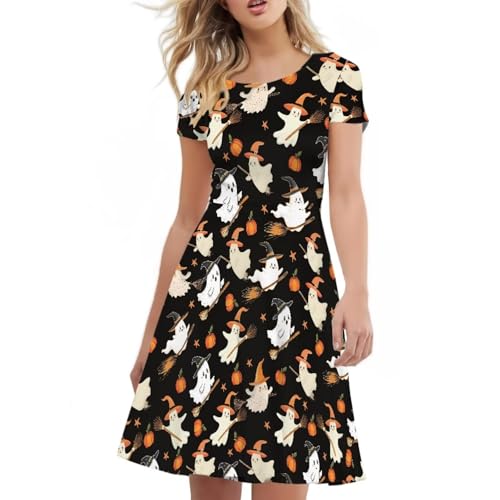 Image of POLERO Women Puffy Swing Elegant Party Midi Dresses Short Sleeve Round Neck A-Line Dress