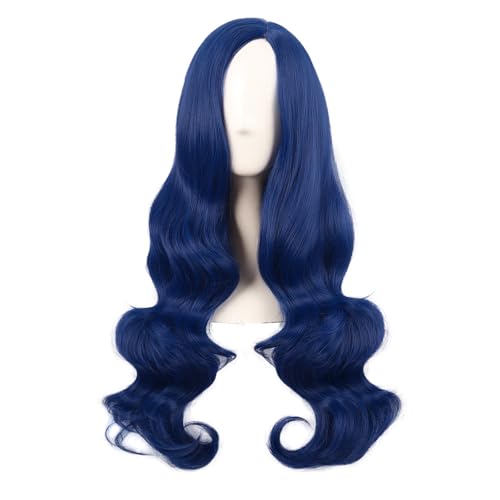 MapofBeauty 28 Pouces/70 cm Cosplay Longue Vague Bouclé Fibre Synthétique Side Bang Anime Fashion Party Perruque (Mélangé Bleu)