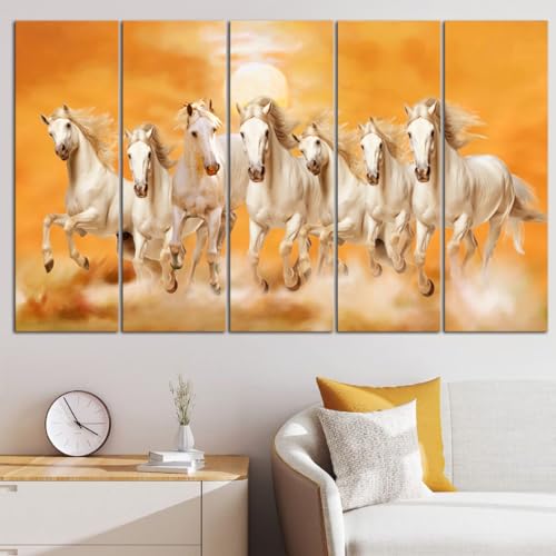 Image of Maxstone 7 Horses Wall Painting for Living Room Big Size - 7 Running Horses Painting Vastu for Bedroom, Office, Hotel - Wall Decor Digital Painting Wooden Framed for Gifting (30x60 Inch) M1383
