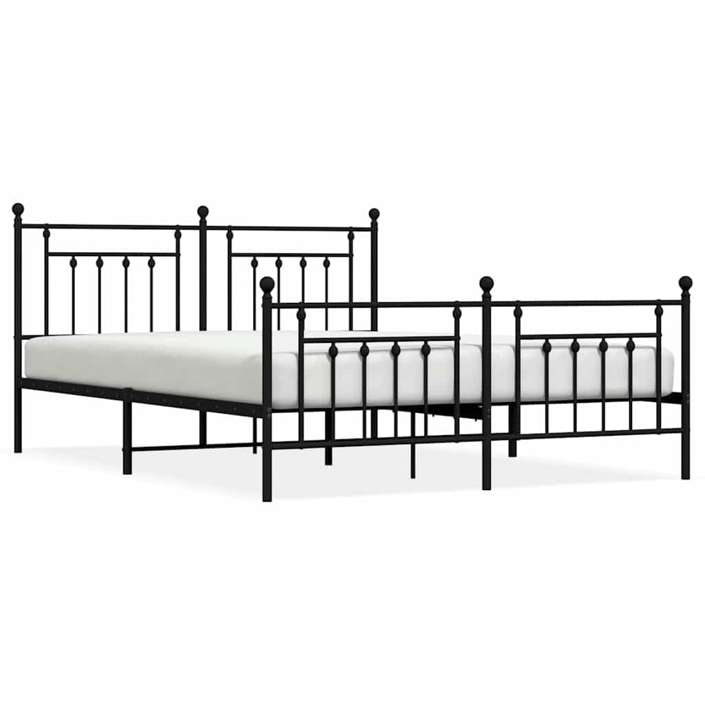 Malowana proszkowo stal rame łóżka z miejscem do przechowywania klasyczna | Metalowa rama łóżka z wezgłowiem i zanóżkiem, czarna, 183x213cm, stabilna konstrukcja stalowa, miejsce do przechowywania,