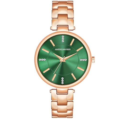 Image of AMERICANVIBER Women Analogue Wrist Watches for Women's & Girls&Miss&Ladies Diamond Studded Roman Dial Rosegold Colored Stylish Bracelet Strap (Green)