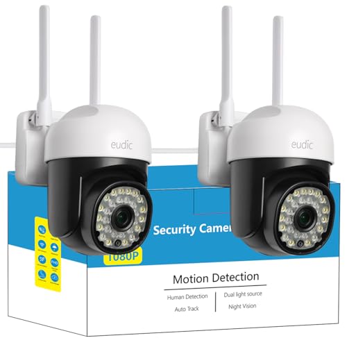 Lot de 2 caméras de sécurité extérieures, 2,4 G/5 G double bande WiFi filaire, caméra de surveillance avec vue panoramique à 360°, vision nocturne, détection de mouvement et suivi automatique, audio