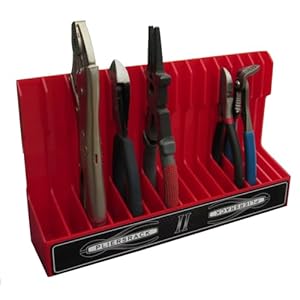 PLR16 Red Pliers Rack mounts on your peg board, or fits in your toolbox drawer. Plier storage for Regular & smaller pliers. Holds spring loaded pliers closed. Has a special tilt feature.