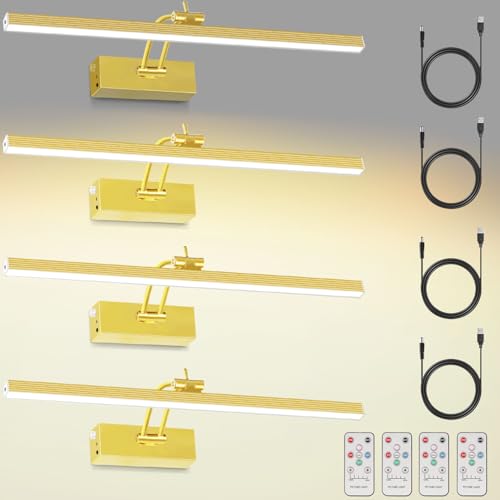 Image of 4Pack Rechargeable Picture Light, 5200mAh Brass Battery Operated Picture Lights for Wall with Remote Control, 300LM 3000K Warm White Light 16 inch Metal Dimmable Picture Light for Painting & Artwork