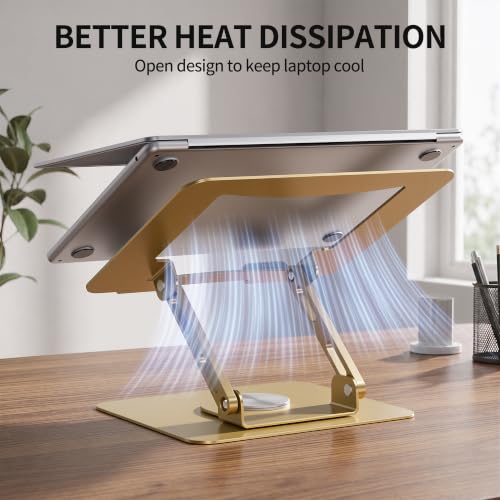 Image of SOUNDANCE 360 Rotating Laptop Stand, Ergonomic Computer Riser for Desk, Adjustable Height Multi-Angle Metal Holder, Foldable Portable Notebook Elevating Base for Office & Home, Gold