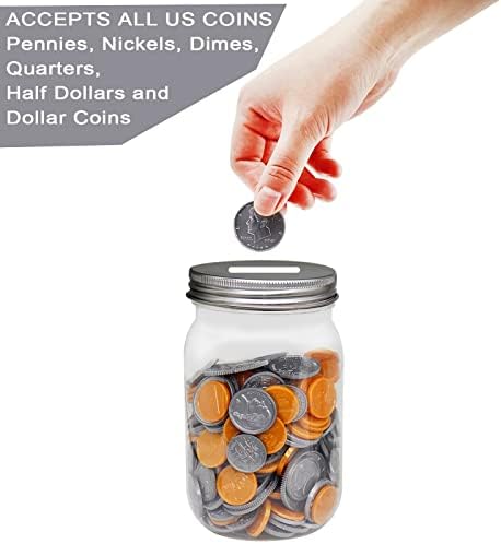 Mczcent Small Coin Bank Jars 4-Pack, 16oz Clear Plastic Coin Money Tip Coin Jars with Silver Slotted Lids, Small Clear Plastic Coin Money Piggy Banks Mason Jars for Adults Teens Kids Girls Boys