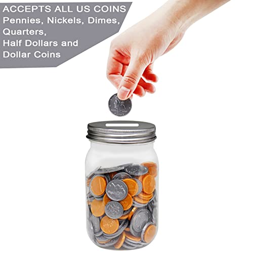Mczxon Small Coin Bank Jars 4-Pack, 16oz Clear Plastic Coin Money Tip Coin Jars with Silver Slotted Lids, Small Clear Plastic Coin Money Piggy Banks Mason Jars for Adults Teens Kids Girls Boys