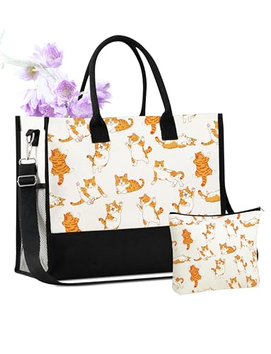 Bolso tote de lona con diseño de gato naranja para mujer, con cierre de cremallera superior y correa para hombro, ideal para cumpleaños, Día de la Madre y Navidad miniatura 1