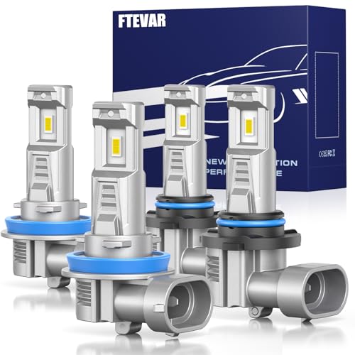 FTEVAR 9005 H11 Light Bulbs Combo, 60000LM 800% Super Bright 6500K Cool White, Fanless 1:1 Mini Size, Pack of 4