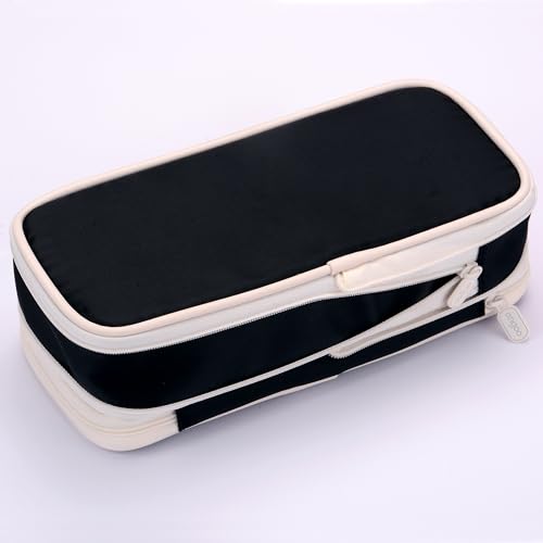 Image of Large Capacity Big Special Cute Aesthetic Preppy Canvas Pencil Case Organizer Holder Pouch Bag with Zipper Compartments, Pen Cases for Women Girls School Adults (Black)