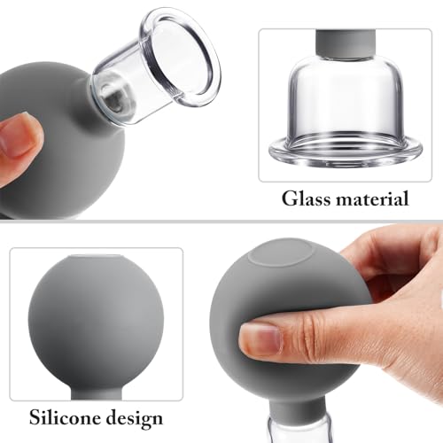 Image of BBTO 4 Pcs Glass Facial Cupping Set Silicone Vacuum Suction Massage Cups Skin Tightening Therapy for Face Body Eyes Back Shoulder Pain(Grey)