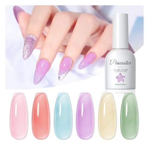 PEACECOLOR Esmaltes Semipermanentes, 6 Color Rosa Amarillo Verde Azul Morado Jelly Gel Pintauñas Semipermanentes, UV/LED Manicure Regalo