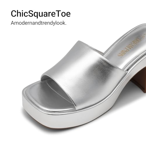 DREAM PAIRS DREAM PAIRS High Chunky Platform Heels for Women Fashion Comfort Slip on Square Open Toe Block Heel Sandals,Size 6,Silver-Pu,SDHS2410W
