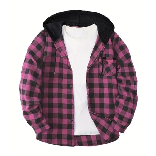 Mens Button Down Plaid Shirts Fashion Preppy School Hoodie Casual Long Sleeve Colorblock Checkered Sweatshirt Jacket