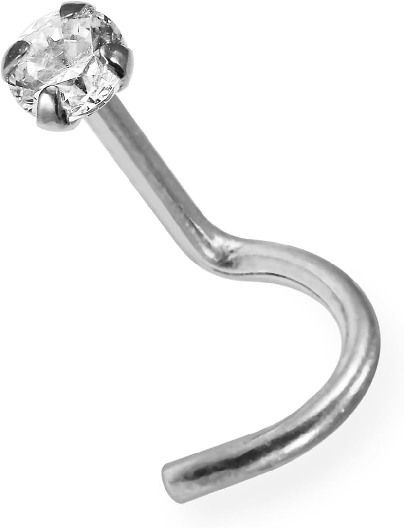 14K Solid Gold with Round Cz Gemstone 18 Gauge Corkscrew Twist Nose Screw Piercing Jewelry