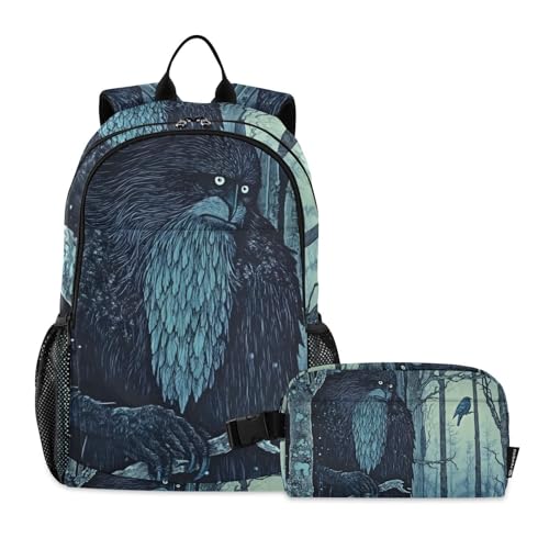 Backpack Lunch Bag Set for Travel Hiking Picnic, Monster Bird Tree Print Backpacks with Insulated Lunch Box