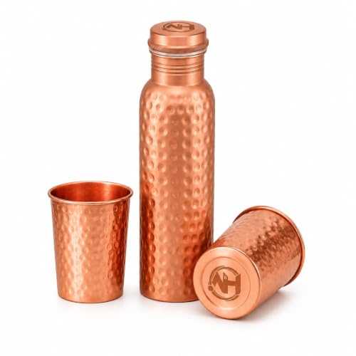 Image of Pure Hammered Copper Water Bottle (950ml) with 2 Copper Glasses (300ml) Combo Set | 99.9% Pure Copper | Gifting Item for Festival, Wedding, Birthday & Corporate Gifting | PURE LIVING.