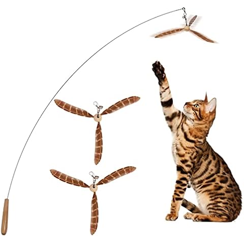 Lystaii Cat Wand Toys, Interactive Cat Feather Toys with 3 Feather Refills with Bell Steel Wire Cat Toy for Indoor Cats Wood Handle Cat Teaser String Toy Feather Propeller for Kitten (Piebald) Cover