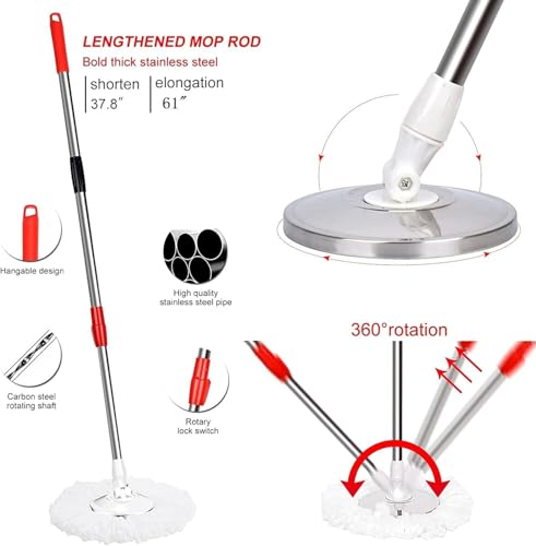 Image of Spin Mop Replacement Handle 360 Degree Spin Mop Pole Handle Replacement Rotating Telescopic Stick for Head Replace Spinning Household Cleaning Accessories for Home