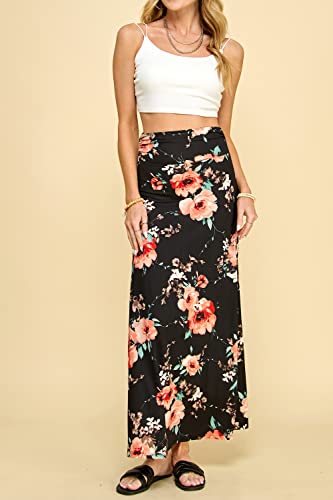 Mbj Wb296 Womens Lightweight Floor Length Maxi Skirt L Black_Floral #TOP4