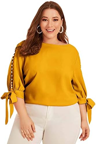 Romwe Women’s Plus Size 3/4 Sleeve Pearl Beaded Tie Knot Cuff Solid Blouse Tops Shirt