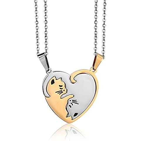 GOVENUS Couple Heart Or Cat BFF Best Friend, Puzzle Friendship Pendant Necklaces,316L Stainless Steel Gold&Silver Cover