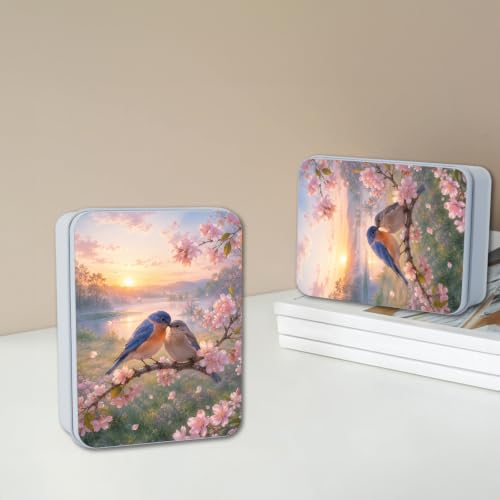 Image of Decorative Metal Tin Box with Lid,Blue Birds Cherry Organizer