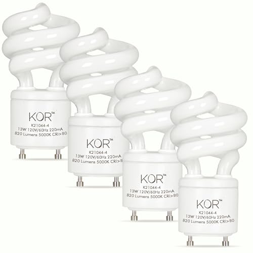 KOR (4 Pack) 13 Watt Mini Spiral - GU24 Base - (60W Equivalent) - T2 Mini-Twist - CFL Light Bulb (Bright White (5000K), CFL)