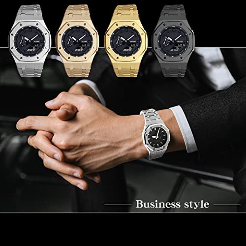 Image of GA2100 Stainless Steel Watch Case with Metal Watchband and Rubber Strap Mod Kit - Compatible with GA-2100 /GA-2110 /GA-B2100 Series - Watch Part Replacement